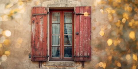 Vintage windows featuring traditional open and closed shutters on a rustic building facade with vivid warm tones, architectural preservation