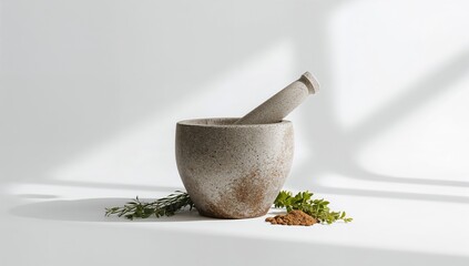 Plain stone mortar set against white backdrop highlighting its role in culinary or herbal processing
