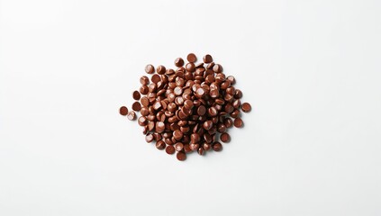 Macro shot of chocolate chips on a plain white backdrop, ideal for recipe or baking ingredient display