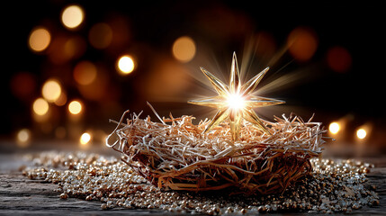 Decorative miniature crib of Jesus Christ with a Christmas star shining against a dark background with bokeh from garlands. Christmas is a religious holiday.