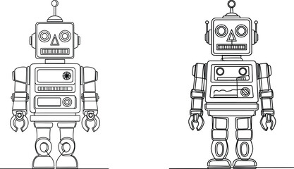 Naklejka premium Continuous line art robots with square heads, retro design, science fiction illustration