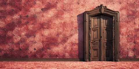 Old wooden door set against a decorative rosette pattern background emphasizing traditional European architecture, suitable for preservation projects