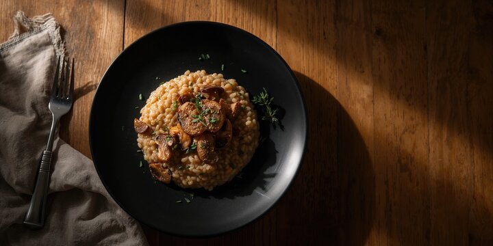 Vegan mushroom orzotto featuring pioppini and porcini mushrooms presented on a black dish, emphasizing plant-based ingredients