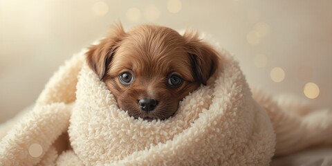 A resting puppy in a cozy blanket, highlighting warmth and tranquility, World Sleep Day