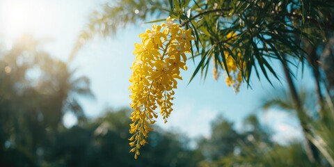 Flower Cassia fistula with bright yellow blossoms in April, illustrating tropical flowering seasons, Earth Day