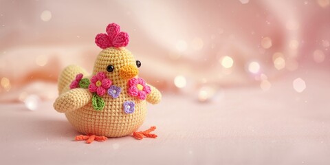 Easter-themed crochet chicken decorated with spring flowers, holiday craft project