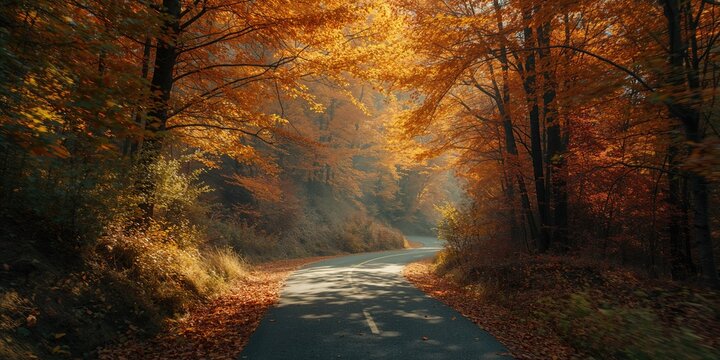 Scenic road passing through vibrant fall foliage, suitable for nature-themed layouts