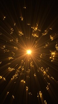 golden music notes and sun light rays animation,musical nota shiny glowing metallic gold song and concert social media vertical motion background