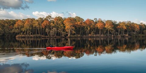 A red kayak on tranquil water in Fisheating Creek, Florida, with reflected trees and clouds during autumn, outdoor recreation day