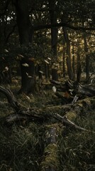 Tranquil Forest Scene with Sunlight and Fallen Leaves in Autumn