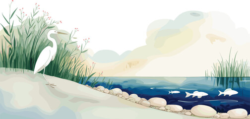 White egret standing by a tranquil lake with reeds and fish swimming bird white bird © Montaha,, Creatives