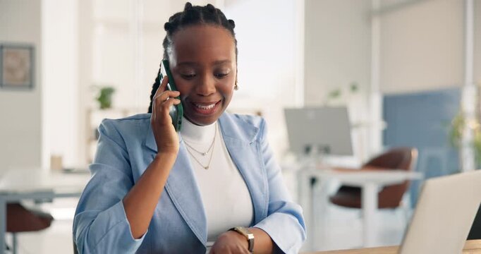 Documents, laptop and phone call with business black woman in office for financial consulting. Computer, conversation and paperwork with African employee at work for finance or investment review