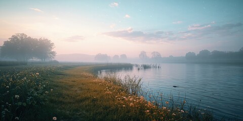 Dawn on the riverbank, tranquil water and soft light for landscape imagery, Earth Day