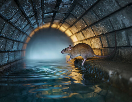 Ratte im Abwasserkanal bei Wasser und Tunnellicht (Urban, Nacht)