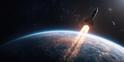 Planet and rocket drawing, environmental awareness and space exploration theme