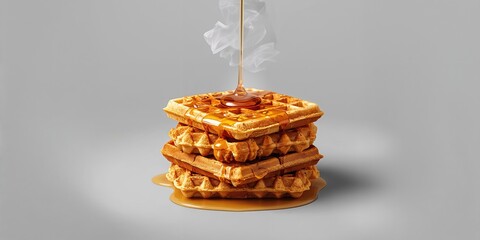 Stacked waffles drizzled with honey on a neutral gray surface, suitable for breakfast food styling and layout