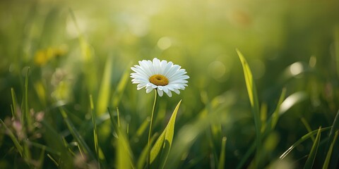 Lush green field during summer with a white daisy, ideal for botanical backgrounds or nature-themed layouts