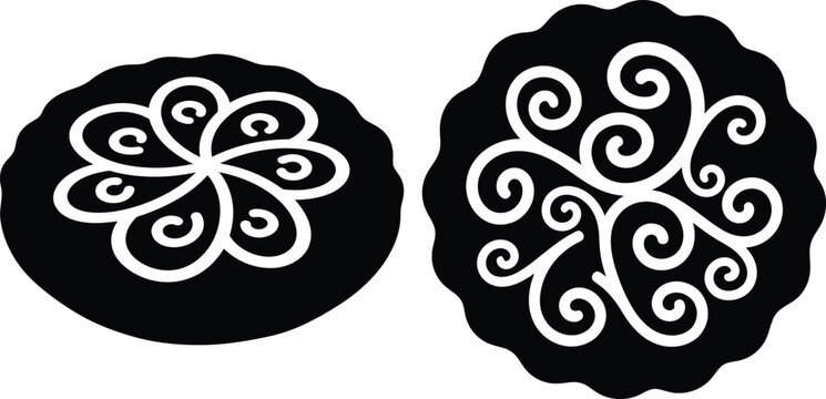 Decorative rosette graphics showing floral stylized elements and swirl patterns, isolated shapes