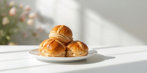 Traditional Easter hot cross buns arranged on a white plate, seasonal baked goods for holiday observance