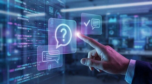 Businessman interacting with futuristic chatbot interface in modern office - Powered by Adobe