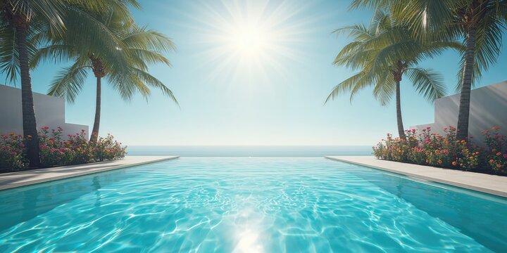 Poolside scene with reflective water surface serving as a background for summer promotions