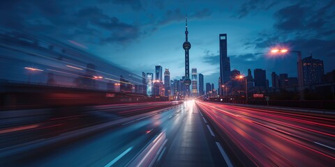 Naklejka premium Night skyline of a financial district featuring tall glass buildings and bright lighting, urban environment, World Malaria Day
