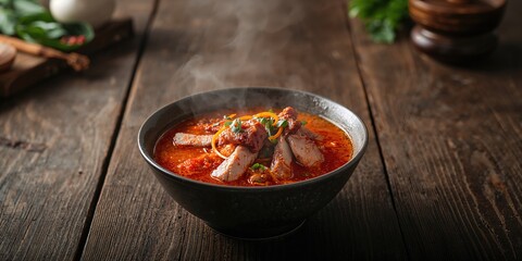 Spicy Asian noodle soup with duck served on a wooden table, flavor profile and culinary preparation