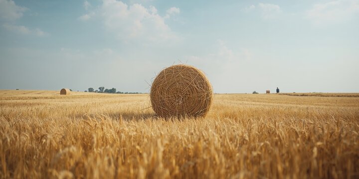 Round straw bale on the field, used for livestock bedding and feed, agriculture practices