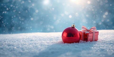 Red Christmas ornament with wrapped gift on snowy surface, highlighting holiday celebration and seasonal ambiance, Christmas