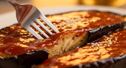Delicious slice of pizza being picked up with a fork and knife,  topped with red sauce and melted cheese on a plate