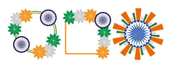 Decorative frames and sunburst motif featuring indian flag colors for national celebration