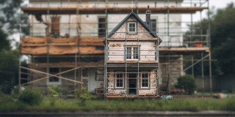 Old rental property undergoing renovation with scaffolding in a village setting, construction safety measures