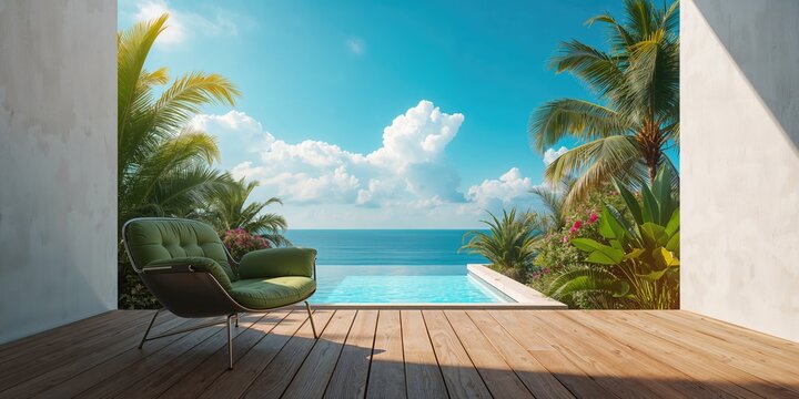 Outdoor terrace featuring silver and green chairs in a tropical domestic garden, ideal for leisure, World Environment Day
