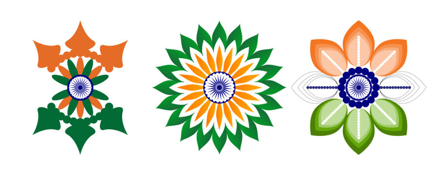 Stylized floral patterns in indian flag colors featuring the ashoka chakra