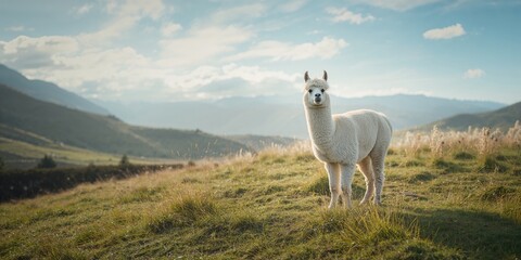 Obraz premium Alpaca in a pasture on New Zealand's South Island, fiber-producing livestock for farm management