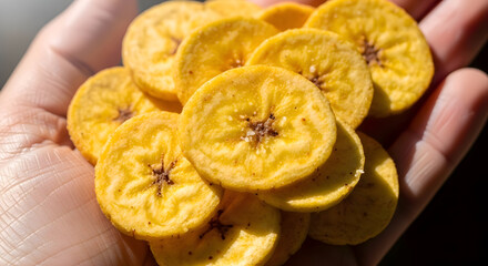 A hand holding a pile of crispy fried plantain chips with a blurred background