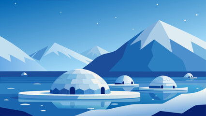 Igloos on ice with mountains in the back