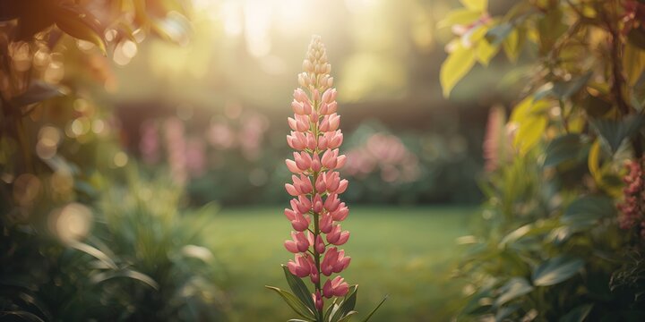 Pink lupin plants in a garden, serving as colorful foliage for landscape decoration