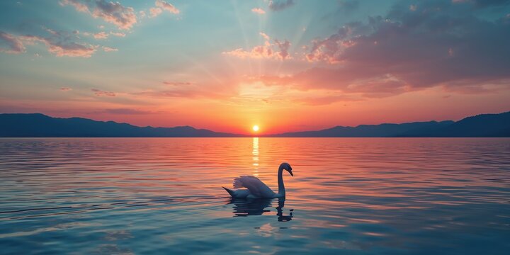 Wide-angle lakeside scene at sunset featuring a swimming swan silhouette, ideal for editorial headers or visual backgrounds