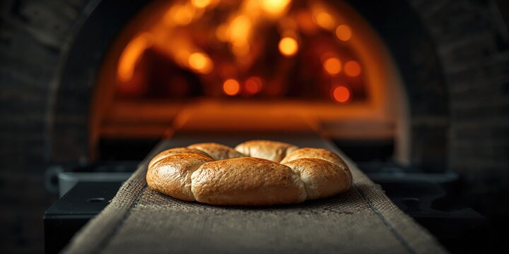 Baked pita bread being sliced on a conveyor in a bakery oven setting, manufacturing efficiency, International Bakery Day