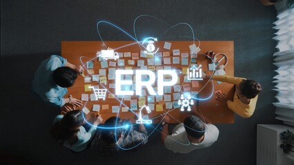 A dynamic brainstorming session featuring a team gathered around a table with sticky notes and digital elements, focused on enterprise resource planning, illustrating teamwork and innovation. Raster