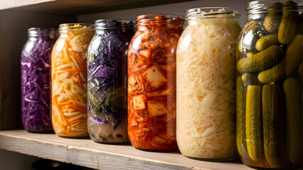 Variety of colorful pickled vegetables in glass jars on a wooden shelf