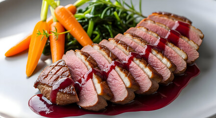Delicious sliced duck breast with red wine sauce and vegetables on a plate,  isolated on white background