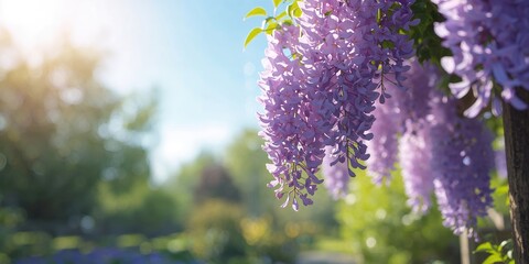 Wisteria floribunda flowers in the garden, ornamental plant for landscape decoration
