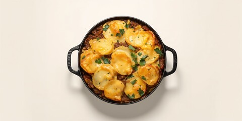 Traditional British shepherd's pie served in cast-iron with ground beef, mashed potatoes, and leafy greens, focusing on classic hearty meal
