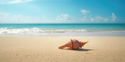 Beach with seashells on the sand, serving as a background for text layout during seaside vacation season