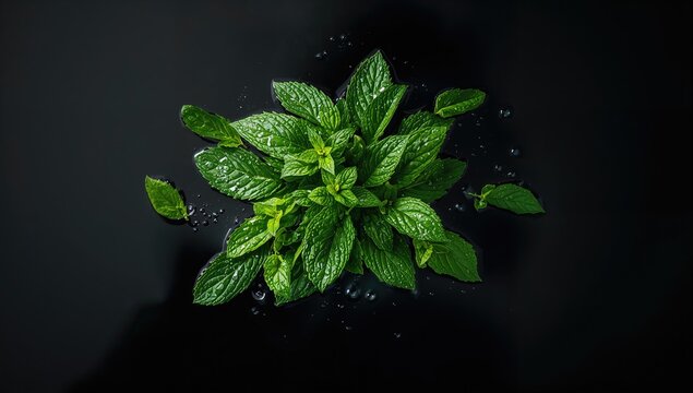 Black table surface with mint leaves and menthol arranged for culinary use, natural ingredients, Earth Day