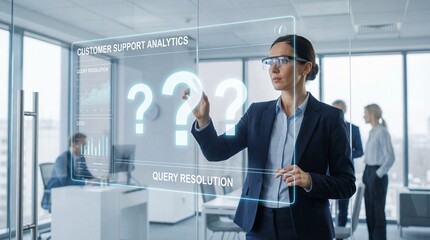 Businesswoman analyzing customer support analytics in modern office