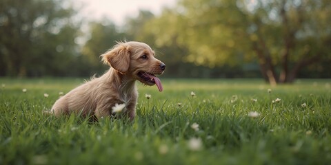 Young puppy of Bohemian wire-haired Pointing griffon with a focus on energetic movement, emphasizing active obedience training