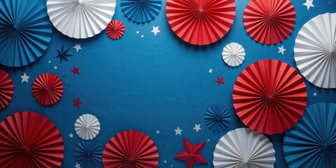Fototapeta premium Presidents Day event display featuring paper fans on blue backdrop, holiday observance